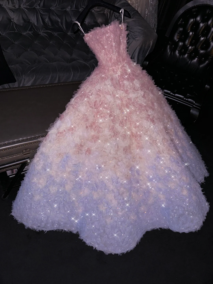Glamorous Sequin 3D Floral Ruffled Tulle Strapless Prom Dress DP7555