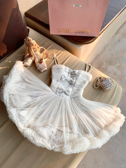 Ivory A Line Strapless Bow Tulle Short Prom Dress Homecoming Dress SH7189