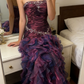 Vintage Grape A Line Strapless Appliques Ruffle Organza Long Prom Dress SH5425