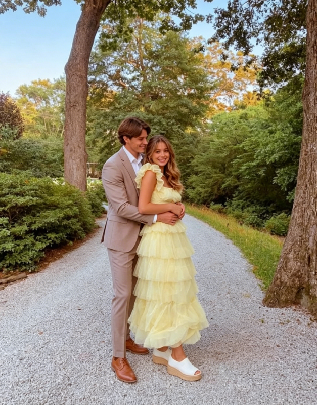 A-Line Square Yellow Tiered Long Prom Dress Princess Tulle Formal Evening Dress SH1049