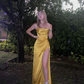 Yellow Satin Spaghetti Straps  Slit Prom Dress Evening Dress SH1121