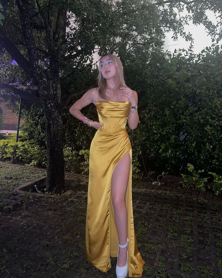 Yellow Satin Spaghetti Straps  Slit Prom Dress Evening Dress SH1121