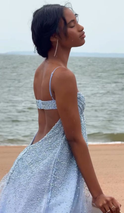 Blue A Line Spaghetti Strap Sequin Beaded Tulle Prom Dress Evening Dress SH4791