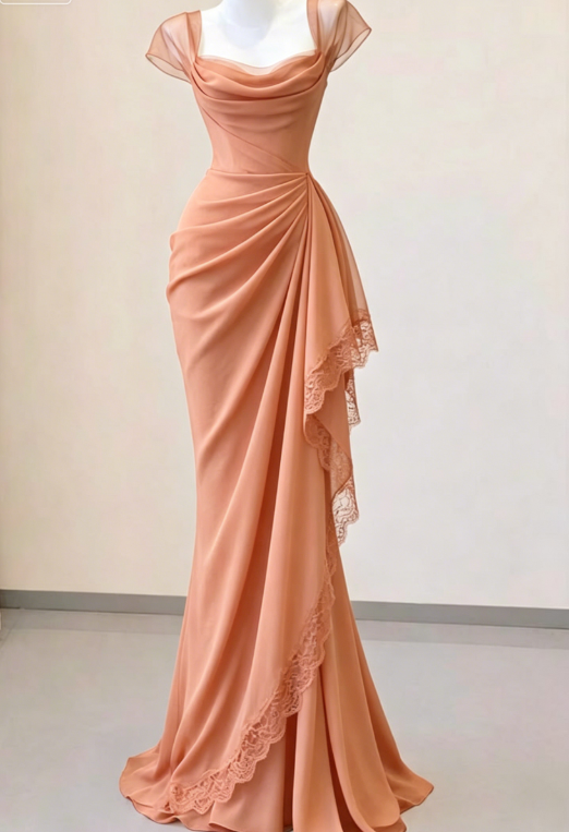 Elegant Black Mermaid Straps Pleated Chiffon Prom Dress Evening Dress SH5498