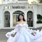 Princess White A Line Long Sleeve Chiffon Satin Long Sweep Party Dress Evening Dress SH3406