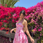 Pink Print Floral A Line Halter Satin Short Prom Dress Homecoming Dress SH6390