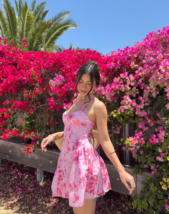 Pink Print Floral A Line Halter Satin Short Prom Dress Homecoming Dress SH6390