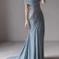 Unique Blue Mermaid Off the Shoulder Chiffon Satin Long Prom Dress Evening Dress SH7703