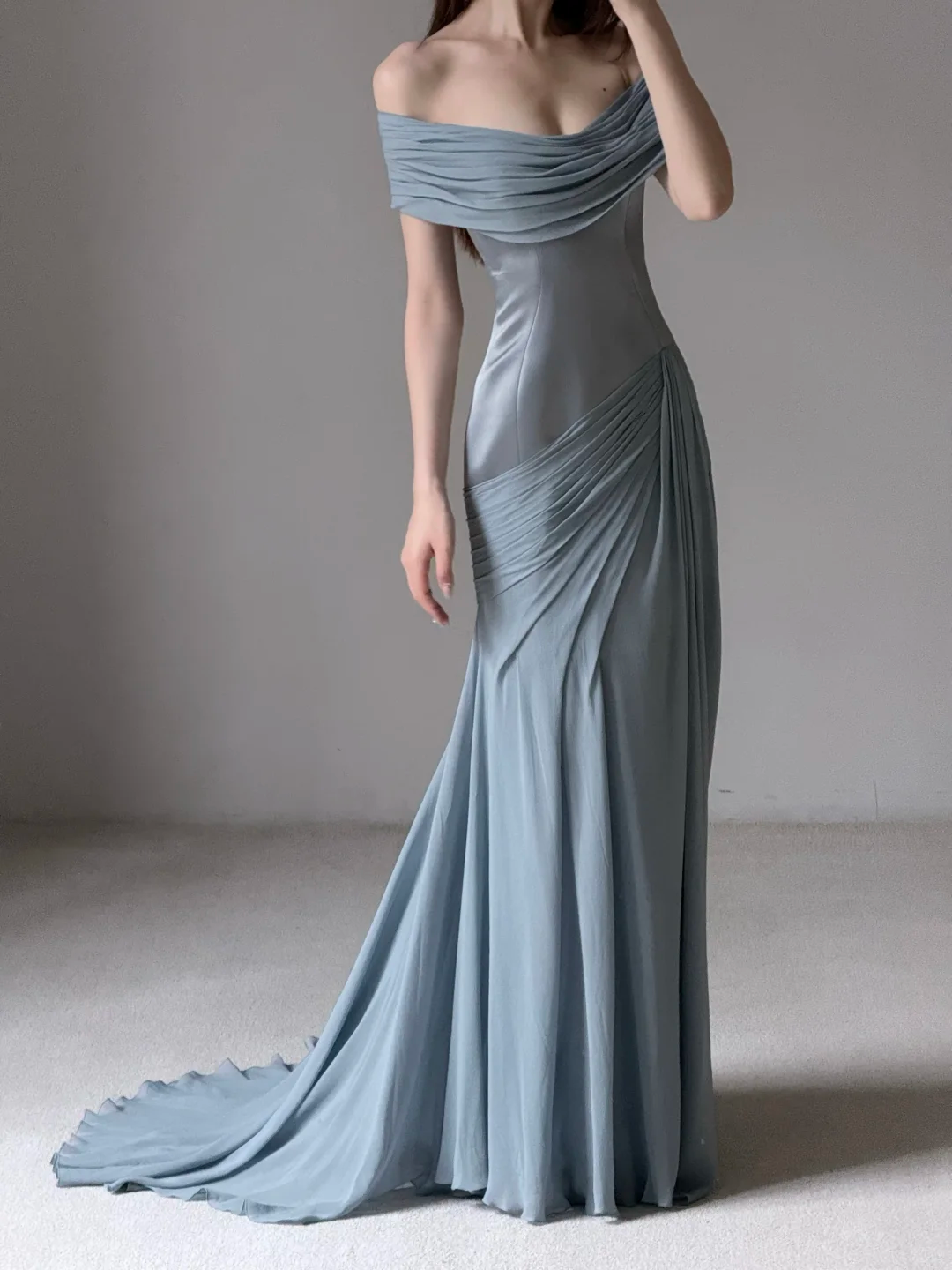 Unique Blue Mermaid Off the Shoulder Chiffon Satin Long Prom Dress Evening Dress SH7703
