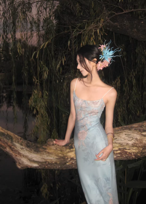 Blue Sheath Straps Print Floral Satin Long Prom Dress SH5158
