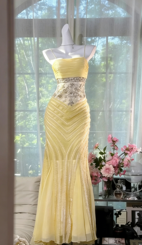 Light Apricot Mermaid Spaghetti Strap Beaded Chiffon Prom Dress Wedding Guest Dress SH4327