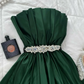 Emerald A Line Strapless Beaded Pleated Satin Long Prom Dress Evening Dress SH7309