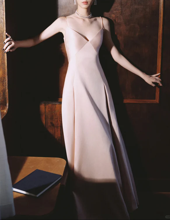 Light Pink Simple A Line Spaghetti Strap Satin Long Prom Dress Evening Dress SH3817