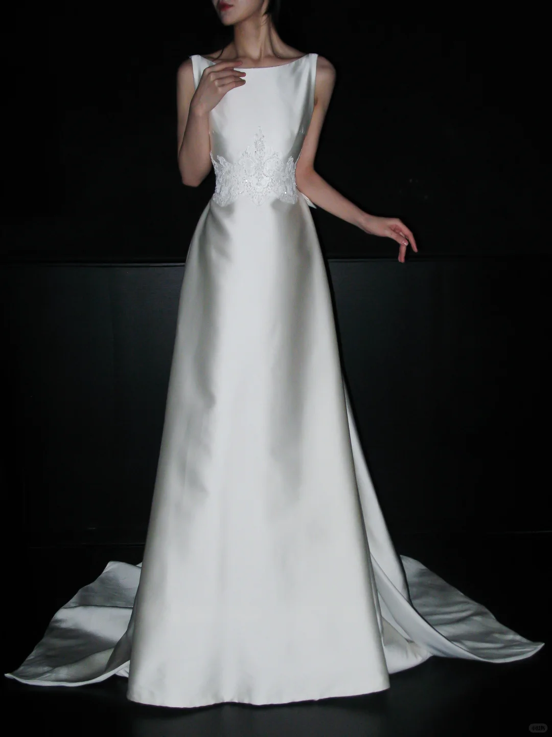 Backless Simple A Line White Beaded Lace Satin Long Wedding Dress SH5969