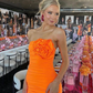 Charming Sheath Strapless 3D Floral Orange Satin Prom Dress Evening Dress SH2024