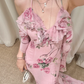 Flowy Pink A Line Spaghetti Strap Print Floral Chiffon Open Back Prom Dress Vacation Dress SH3985