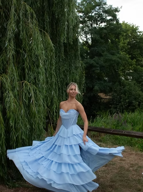 Blue A Line Sweetheart Neck Corset Layered Chiffon Long Prom Dress Evening Dress SH8829