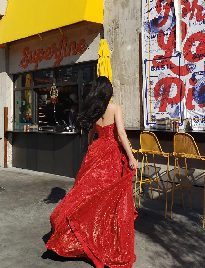 Sexy A Line Sweetheart Neck Red Sequin Satin Long Prom Dress Evening Dress SH2174