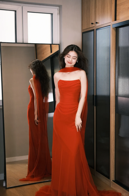Flowy Red Mermaid Strapless Pleated Chiffon Long Prom Dress Formal Gown SH4182
