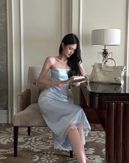 Two Piece Baby Blue Sheath Strapless Lace Satin Prom Dress Evening Dress SH8778