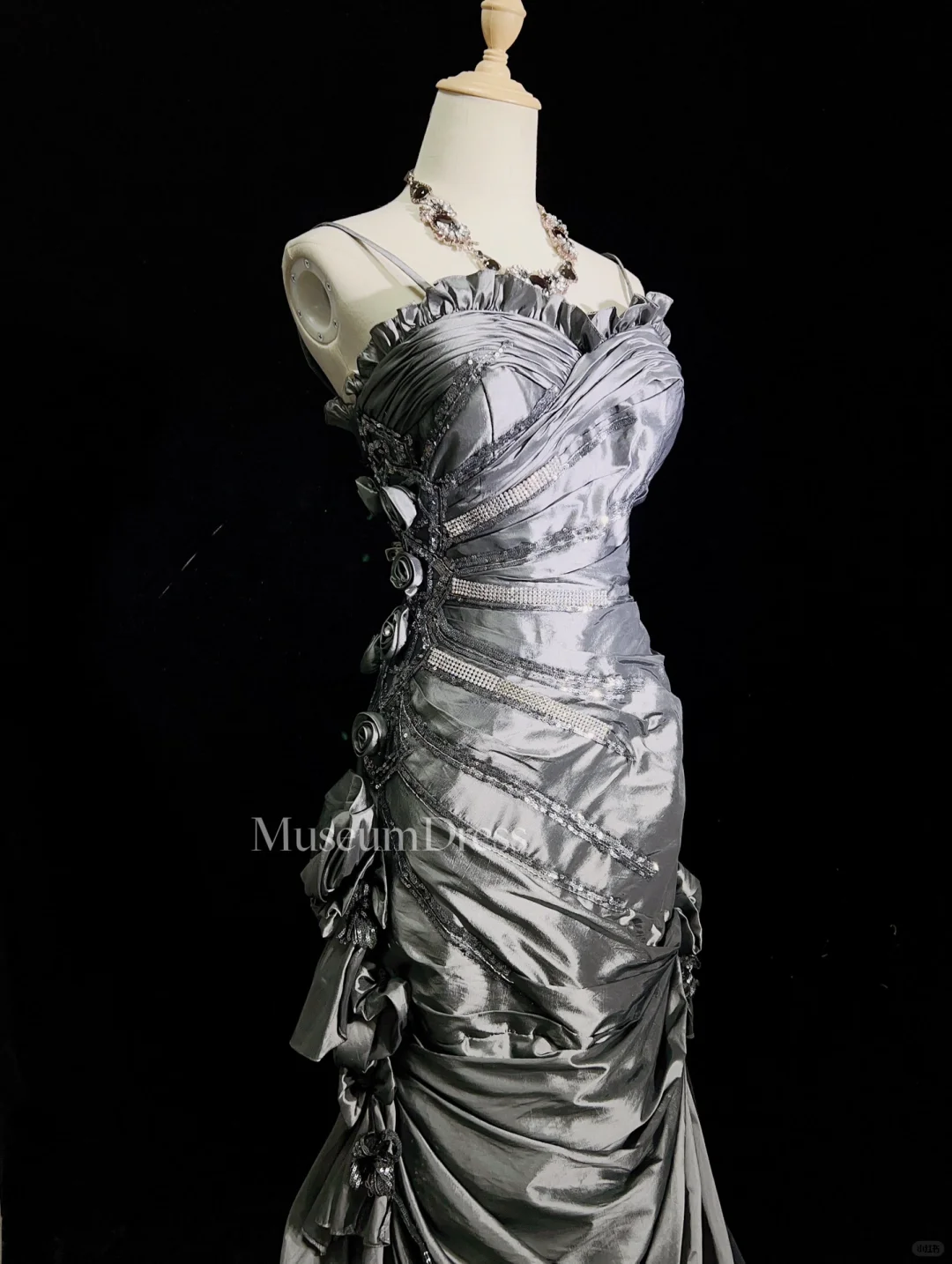 Retro Mermaid Spaghetti Strap Flower Grey Satin Prom Dress Evening Dress SH3326