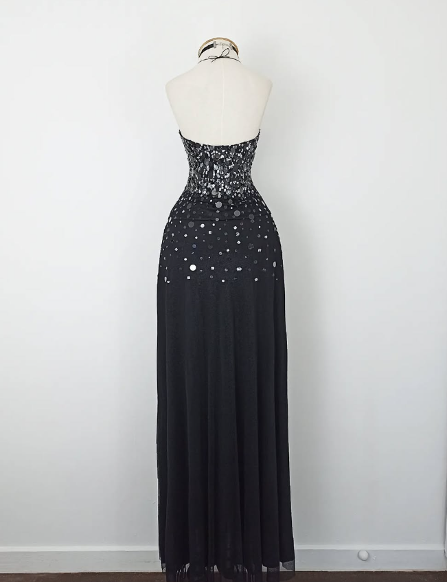 Retro A Line Spaghetti Strap Black Sequin Chiffon Evening Dress Party Dress SH3165