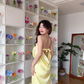 Simple Yellow Bow Mermaid Strapless Satin Open Back Prom Dress Wedding Guest Dress SH4557