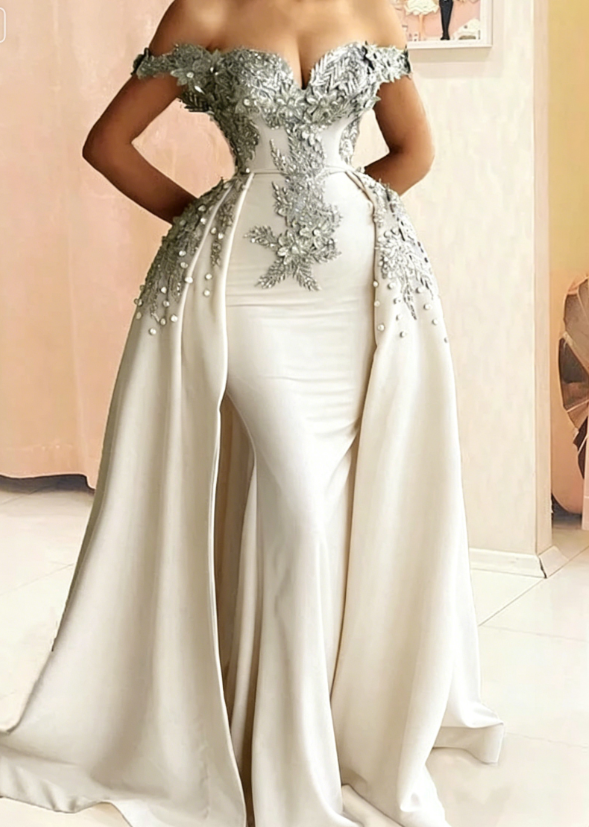 Mermaid Evening Dress Off Shoulder Silver Lace Embroidery Prom Dresses SA692