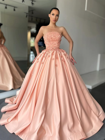 Romantic Pink A Line Strapless Lace Appliques Satin Prom Dress Evening Dress SH6127