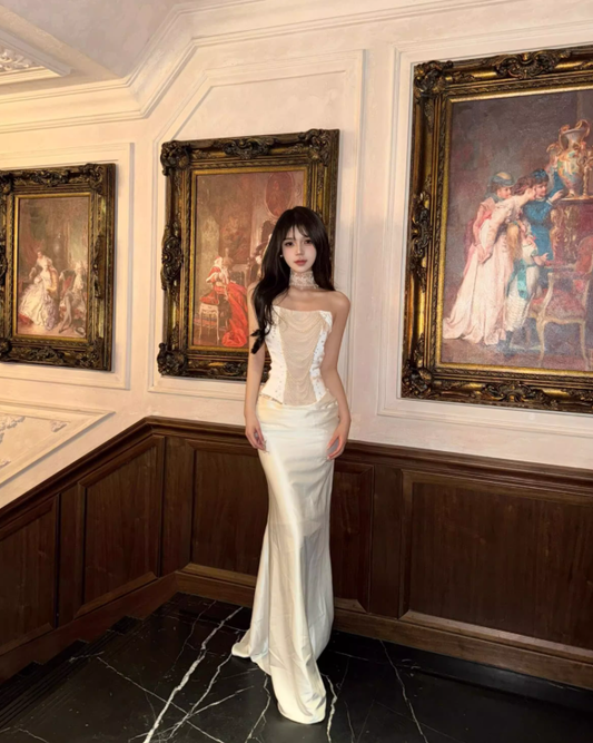 Two Piece Mermaid Strapless Pearl Satin Long Prom Dress Evening Dress SH3765