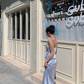 Two Piece Light Purple Sheath Spaghetti Strap Satin Long Prom Dress Evening Dress SH8808