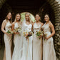 Champagne Gold Satin Halter Sheath Cowl Neck Long Bridesmaid Dresses SH5575