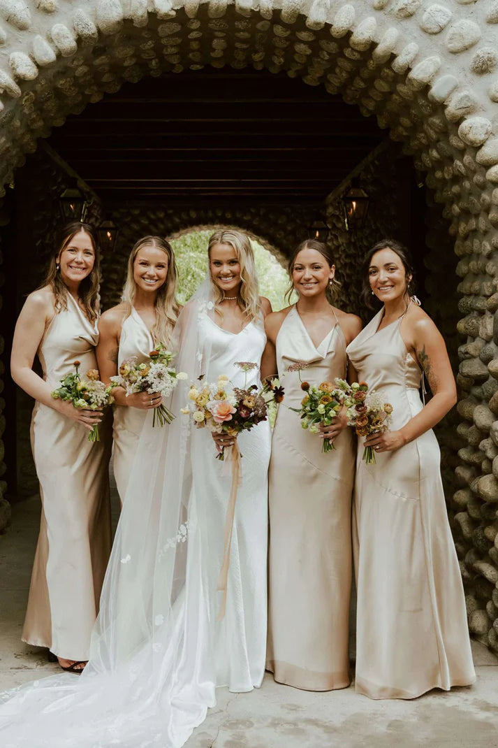 Champagne Gold Satin Halter Sheath Cowl Neck Long Bridesmaid Dresses SH5575