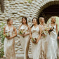 Champagne Gold Satin Halter Sheath Cowl Neck Long Bridesmaid Dresses SH5575