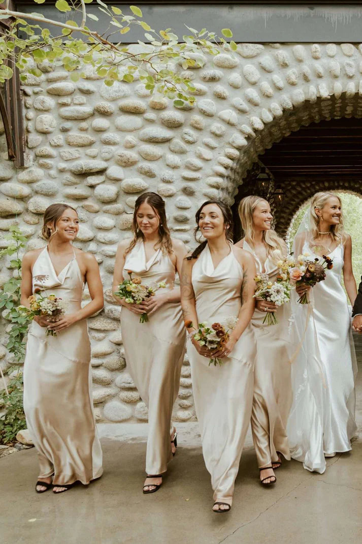Champagne Gold Satin Halter Sheath Cowl Neck Long Bridesmaid Dresses SH5575