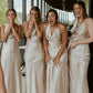 Champagne Gold Satin Halter Sheath Cowl Neck Long Bridesmaid Dresses SH5575