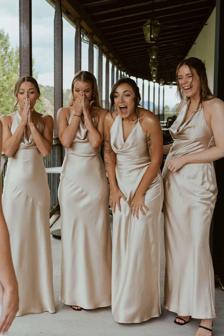 Champagne Gold Satin Halter Sheath Cowl Neck Long Bridesmaid Dresses SH5575