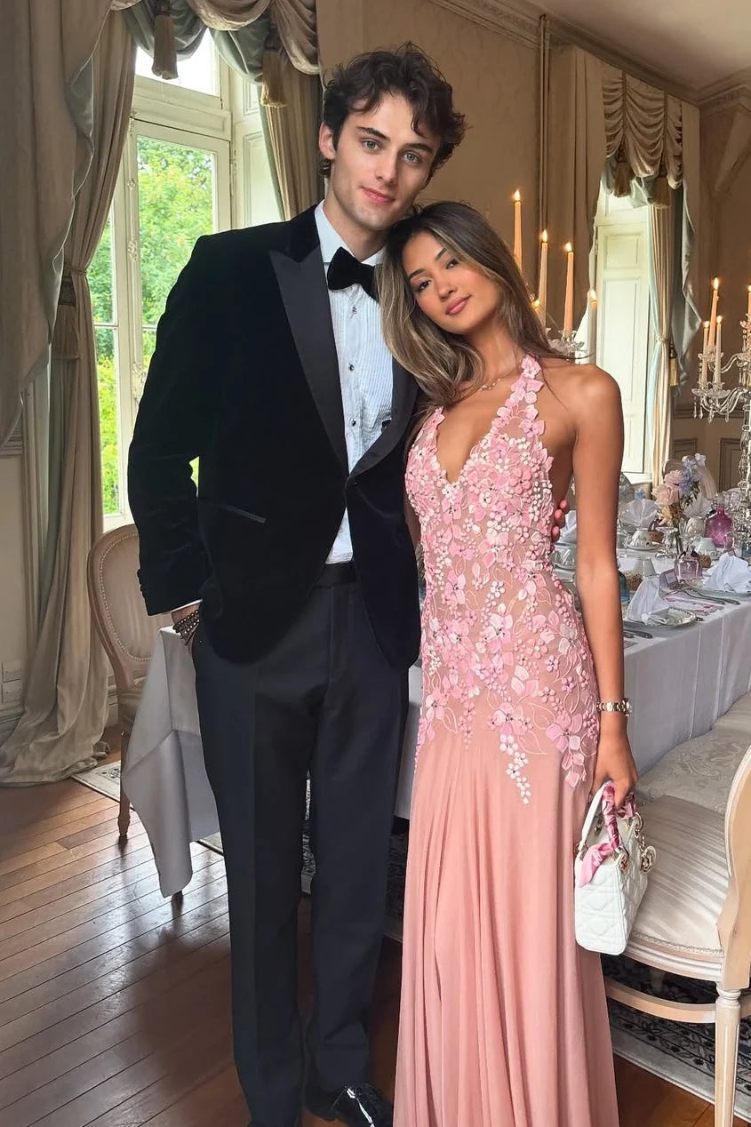 Charming A Line Halter Neck Pink Long Prom Dress with Appliques SH8291
