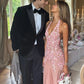 Charming A Line Halter Neck Pink Long Prom Dress with Appliques SH8291