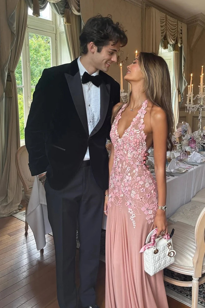 Charming A Line Halter Neck Pink Long Prom Dress with Appliques SH8291