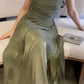 Charming A Line Spaghetti Straps Green Satin Long Prom Dress with Ruffles SH7765