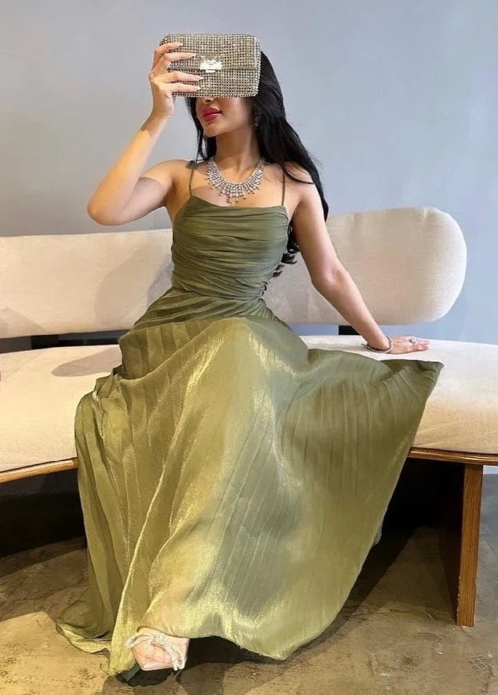 Charming A Line Spaghetti Straps Green Satin Long Prom Dress with Ruffles SH7765