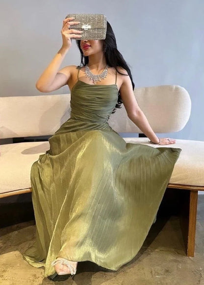 Charming A Line Spaghetti Straps Green Satin Long Prom Dress with Ruffles SH7765
