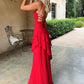 Charming A Line Spaghetti Straps Red Long Prom Dress with Ruffles SH8298