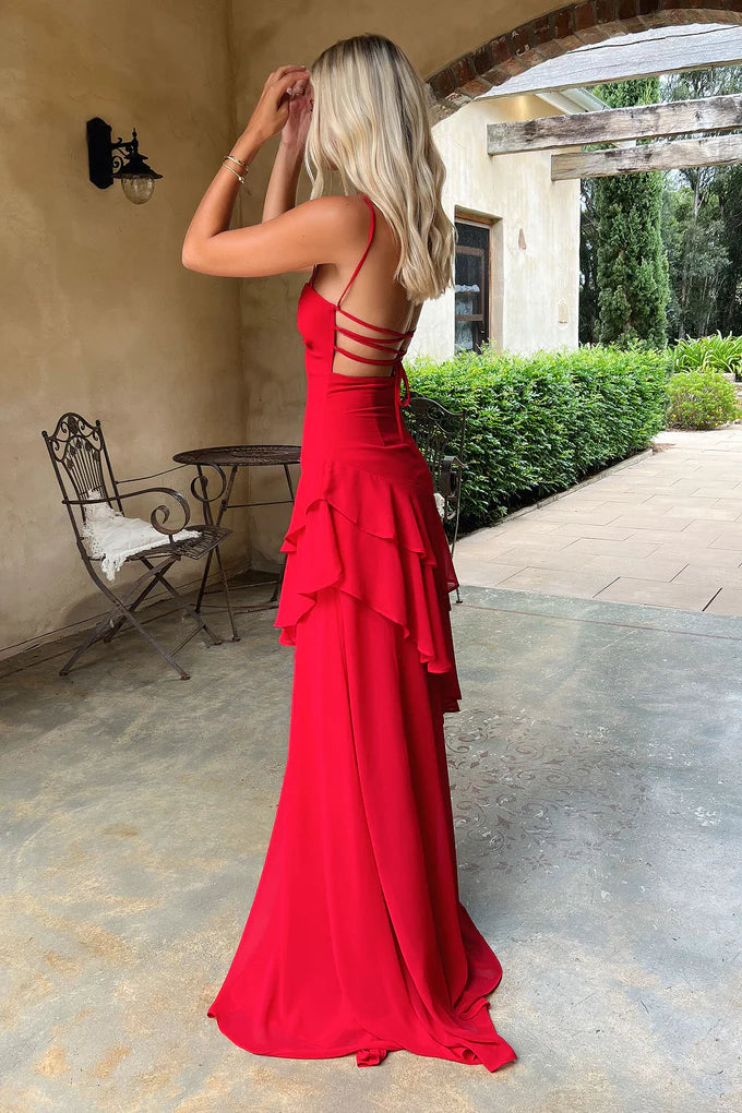 Charming A Line Spaghetti Straps Red Long Prom Dress with Ruffles SH8298