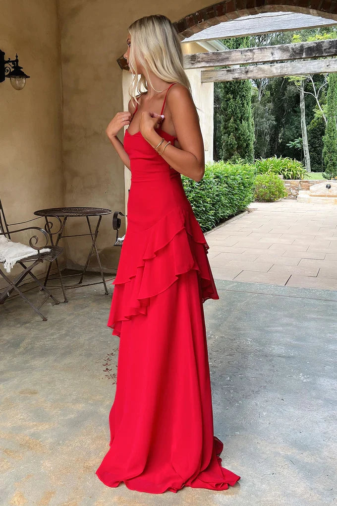 Charming A Line Spaghetti Straps Red Long Prom Dress with Ruffles SH8298