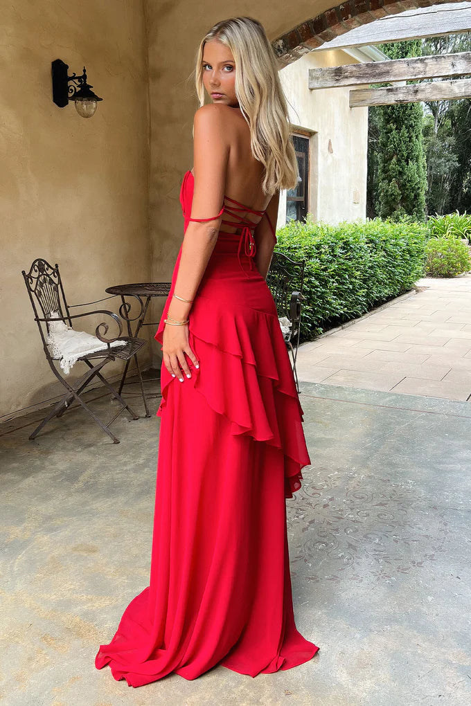 Charming A Line Spaghetti Straps Red Long Prom Dress with Ruffles SH8298