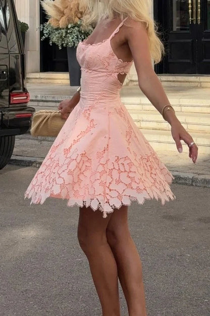 Charming A Line Square Neck Pink Lace Short Homecoming Dress SH7851