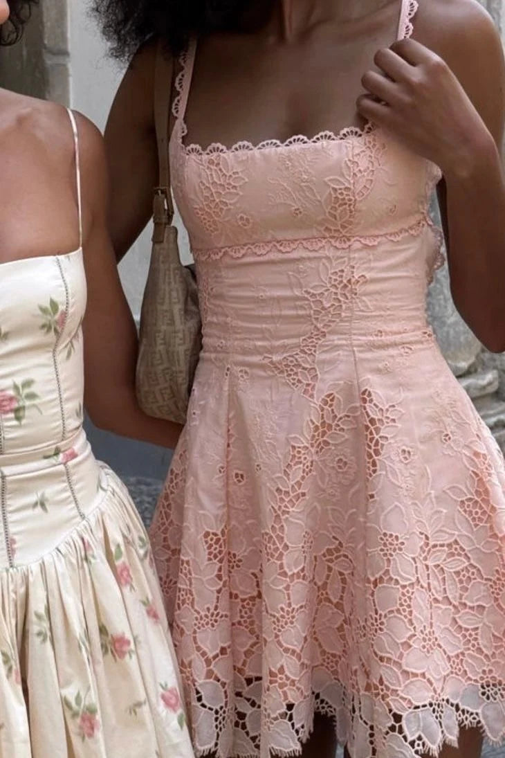 Charming A Line Square Neck Pink Lace Short Homecoming Dress SH7851
