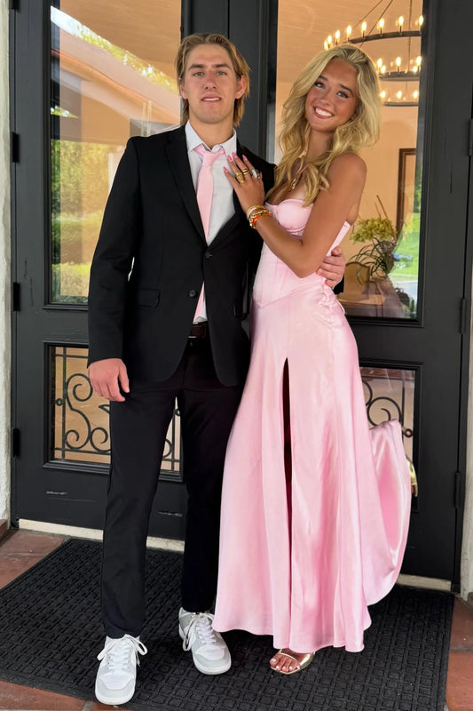 Charming A Line Sweetheart Pink Corset Prom Dress with Split Front SH8063